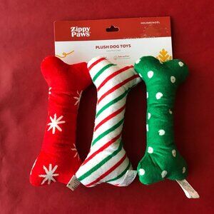 Zippy Paws 3-Pack Holiday FESTIVE BONES Squeaky Plush Dog Toy 7 in New